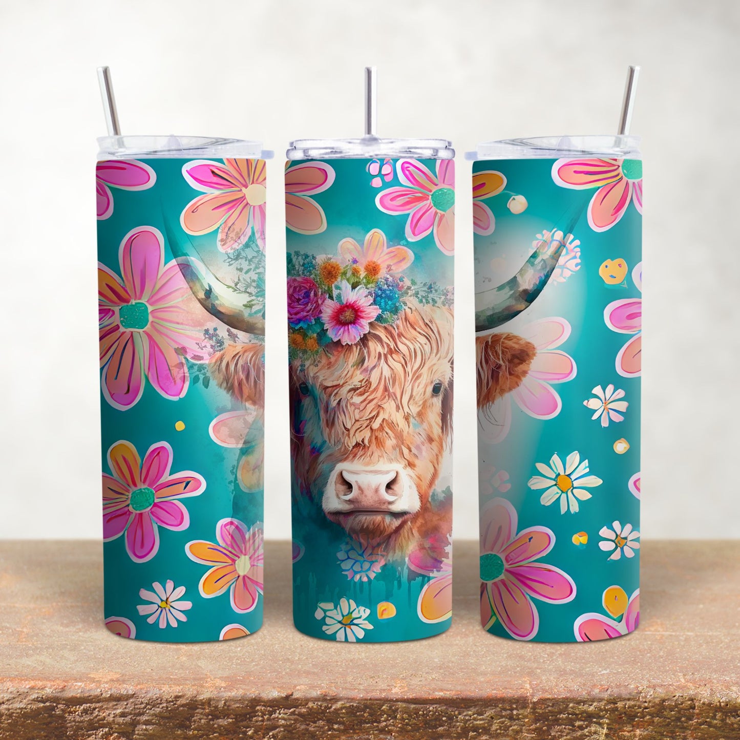 Highland Cow with Flowers