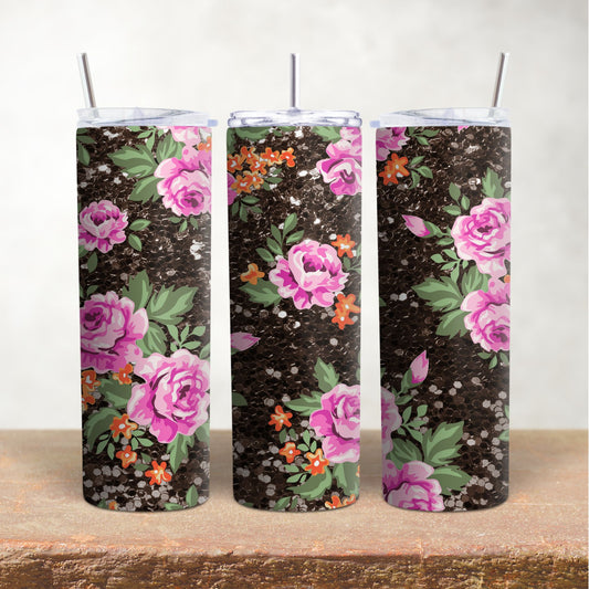 Pink Floral on Black Glitter