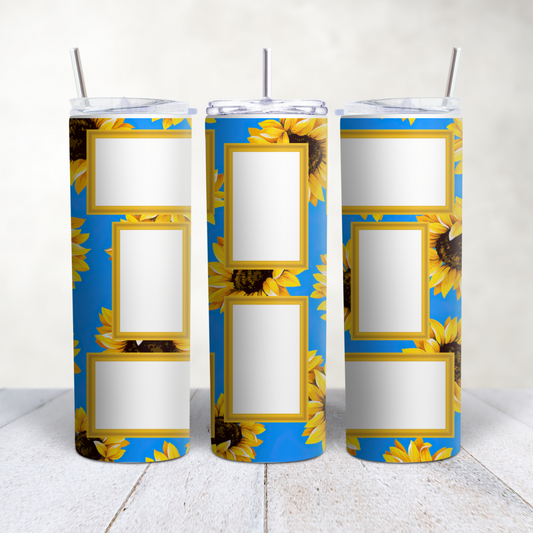 Bright Sunflower 8 Photo Tumbler on Blue Background
