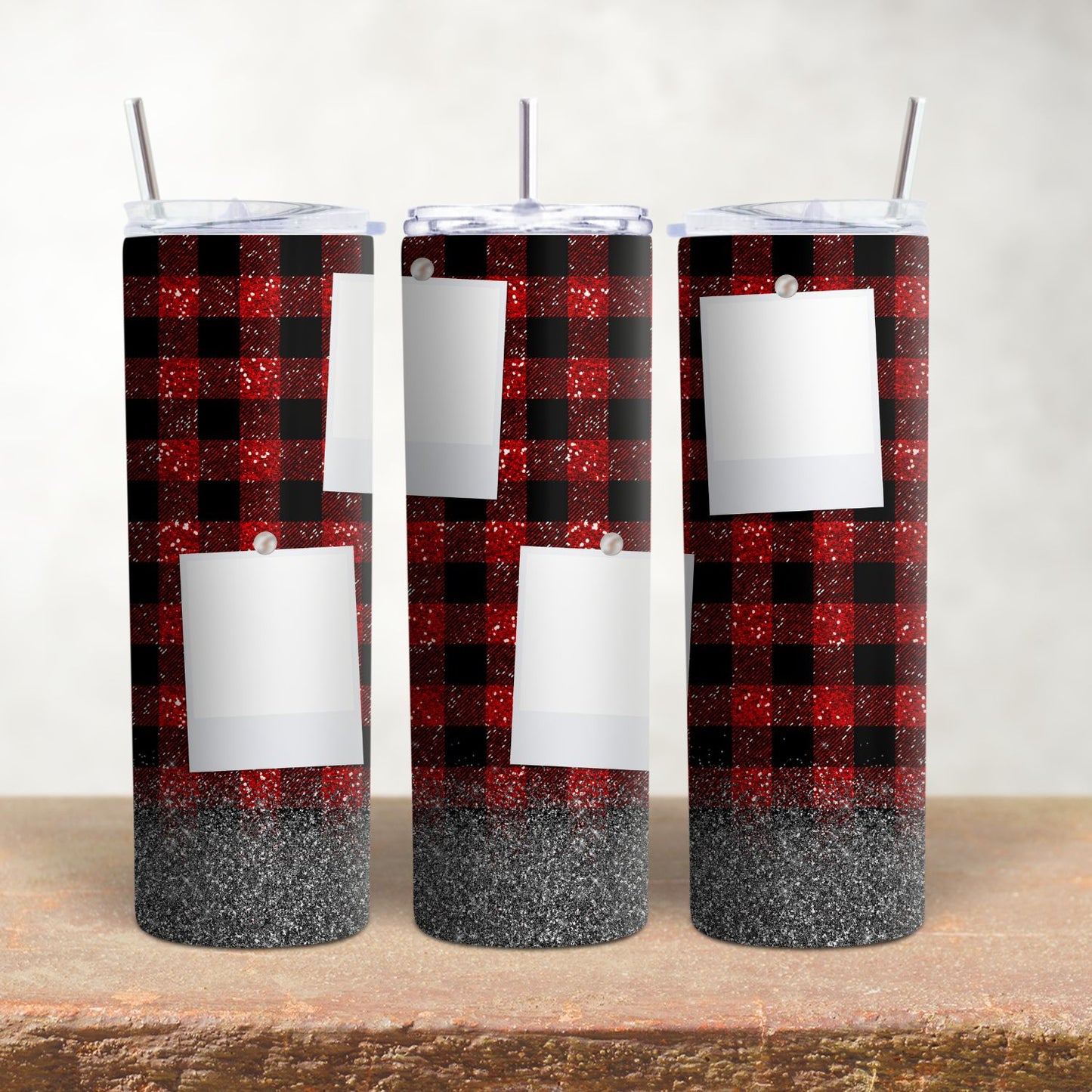 Christmas Red Buffalo Plaid Glitter 4 Pic Photo Tumbler