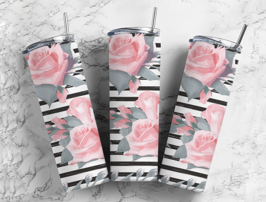 Pink Roses, Gray Leaves on Black & White Stripes